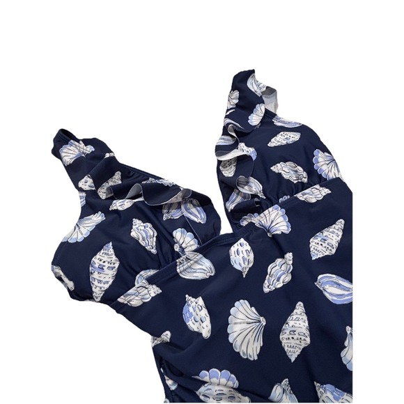 Ellen Tracy One Piece Swimsuit Sz 10 Navy Ruched Ruffle Strap Seashells - Picture 2 of 9